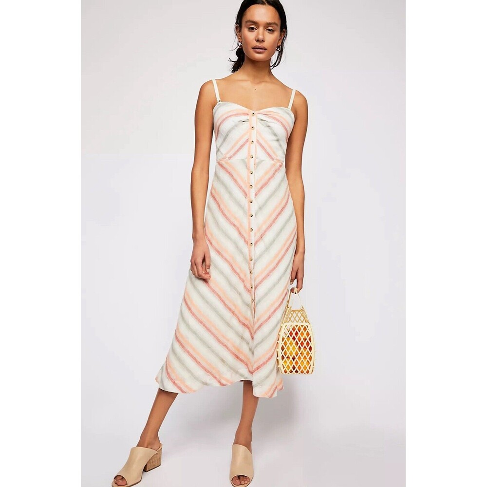 Free People Striking Striped Midi Dress Cotton Linen Chevron Smocked Sz M Boho